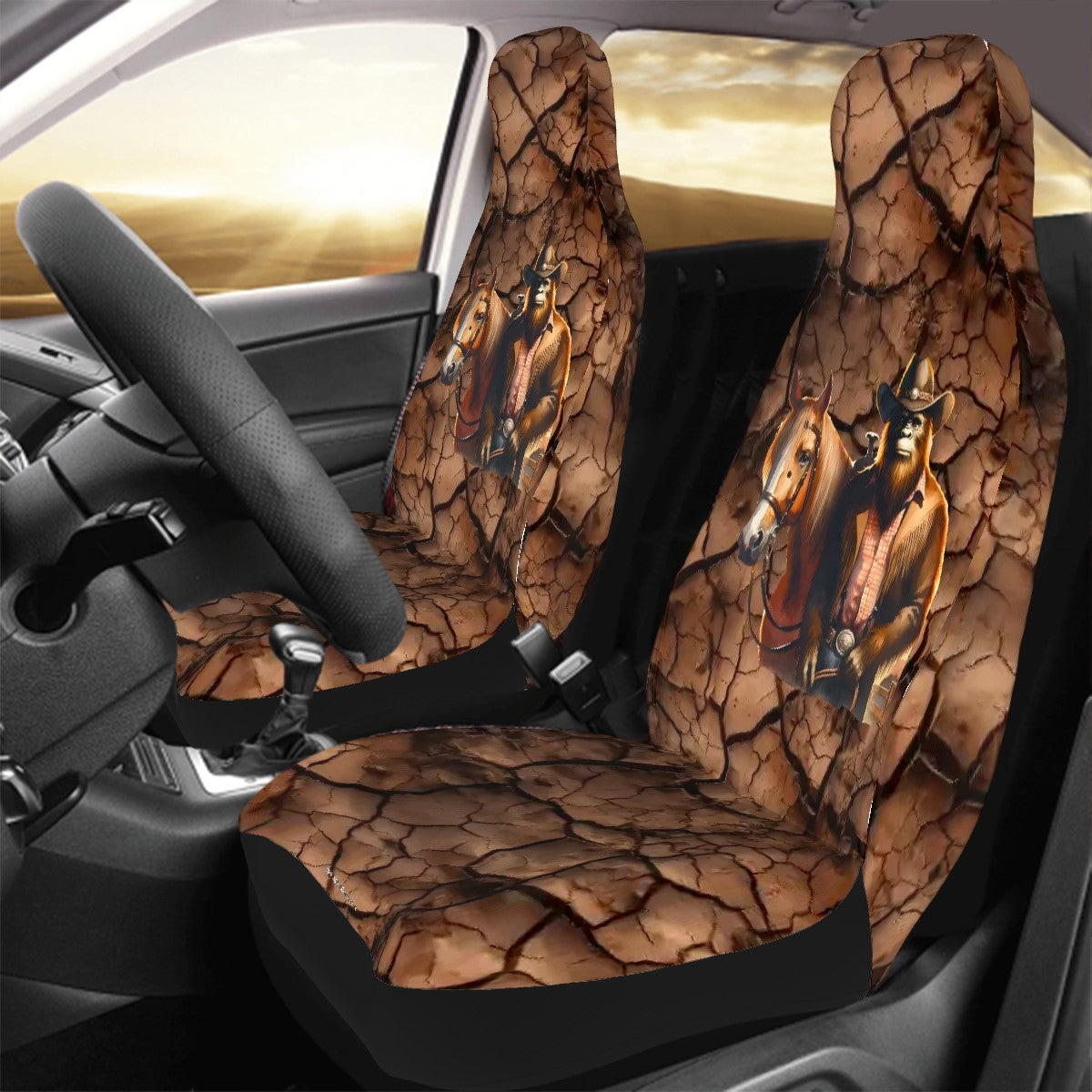 Cowboy Bigfoot / Sasquatch, Set of 2 Front Auto Seat Covers
