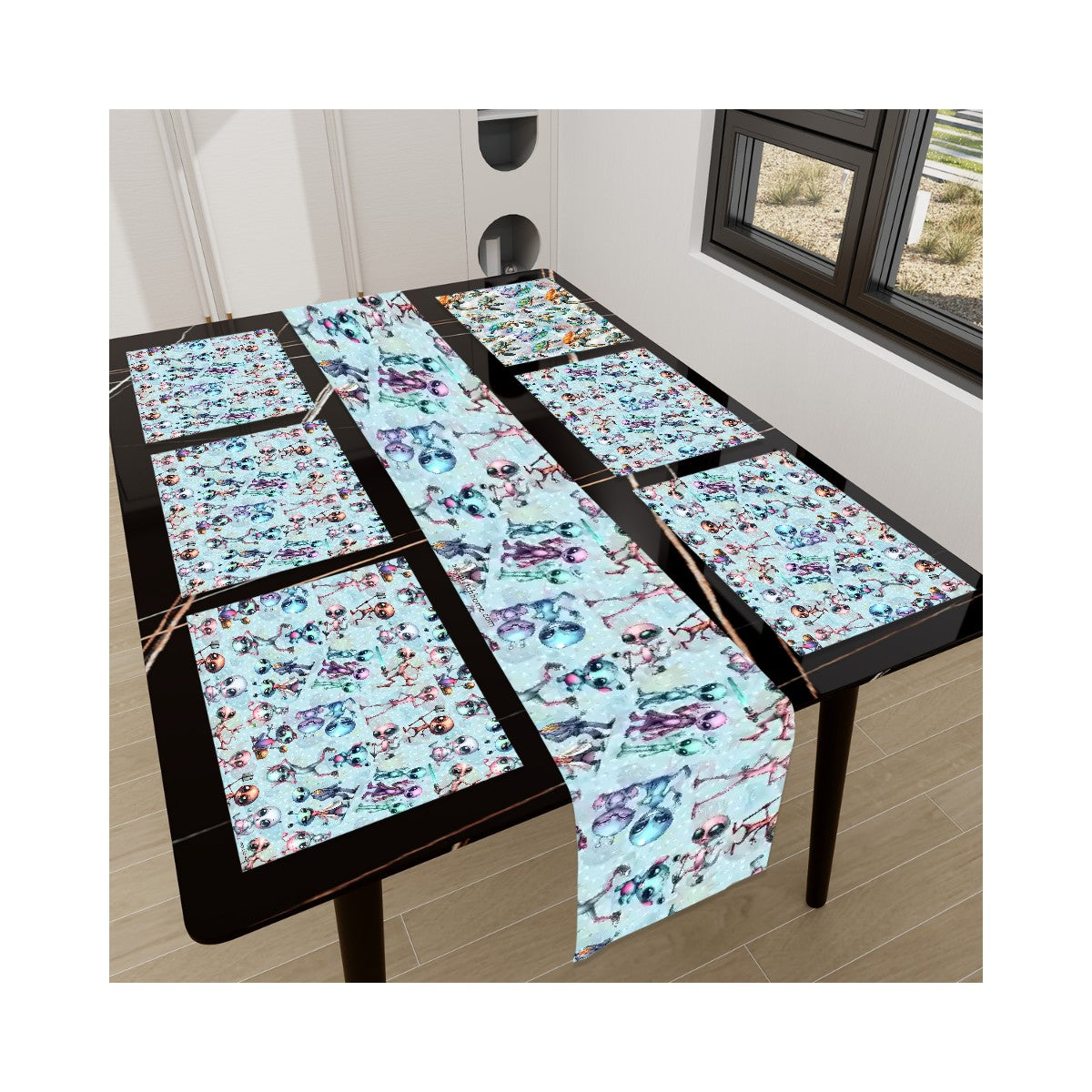 6 Alien Designs, Table Runner Placemat Set 7 Pieces