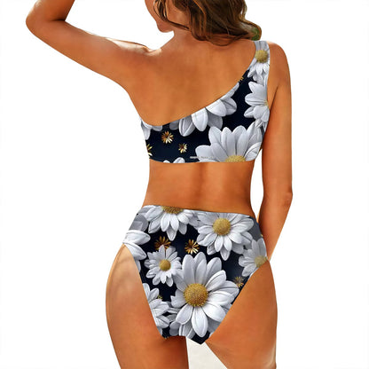 10 Beautiful Flower Designs, Women One Shoulder Bikini High Waist Swimsuit