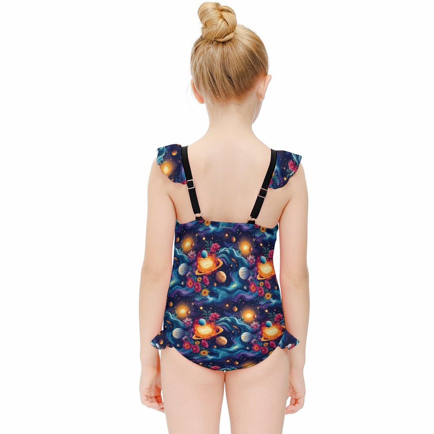 12 Outer Space Designs, Girls One-Piece Summer Swimsuit, Ruffle Shoulder
