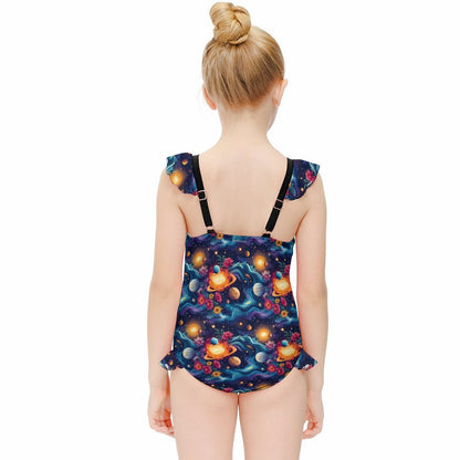 12 Outer Space Designs, Girls One-Piece Summer Swimsuit, Ruffle Shoulder