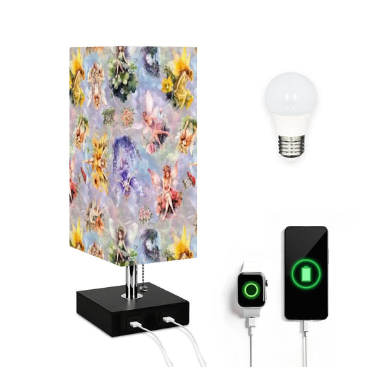 6 Fairy Designs, Square Table Lamp with USB Ports, Charger