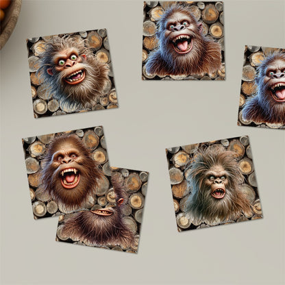 Bigfoot / Sasquatch Faces, 6 Ceramic Coasters w metal stand