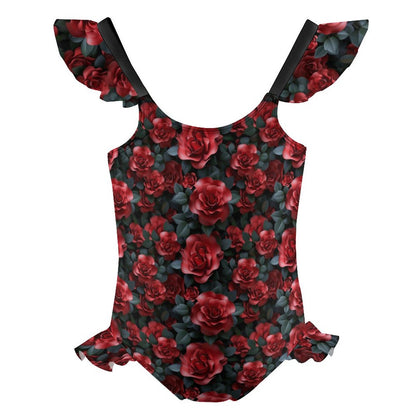 10 Beautiful Flower Designs, Girls One-Piece Summer Swimsuit, Ruffle Shoulder