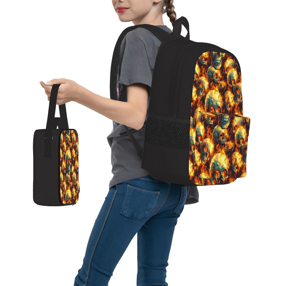Flaming Skulls, 3 Piece Bag Set – Oxford Backpack, Lunch Bag, Pencil Pouch