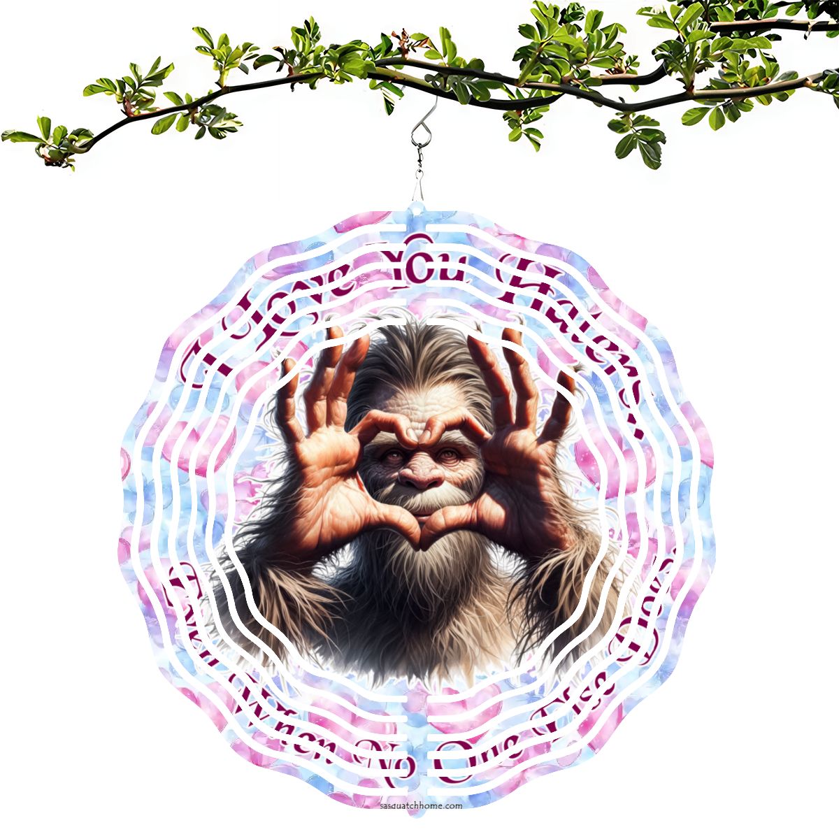 Bigfoot Sasquatch "I love you..", US Made Hanging Metal 3D Wind Spinner, Ornament