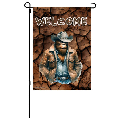 Cowboy Bigfoot Sasquatch, "Welcome, See You Soon", Garden Flag 12"x18" (Made in USA)