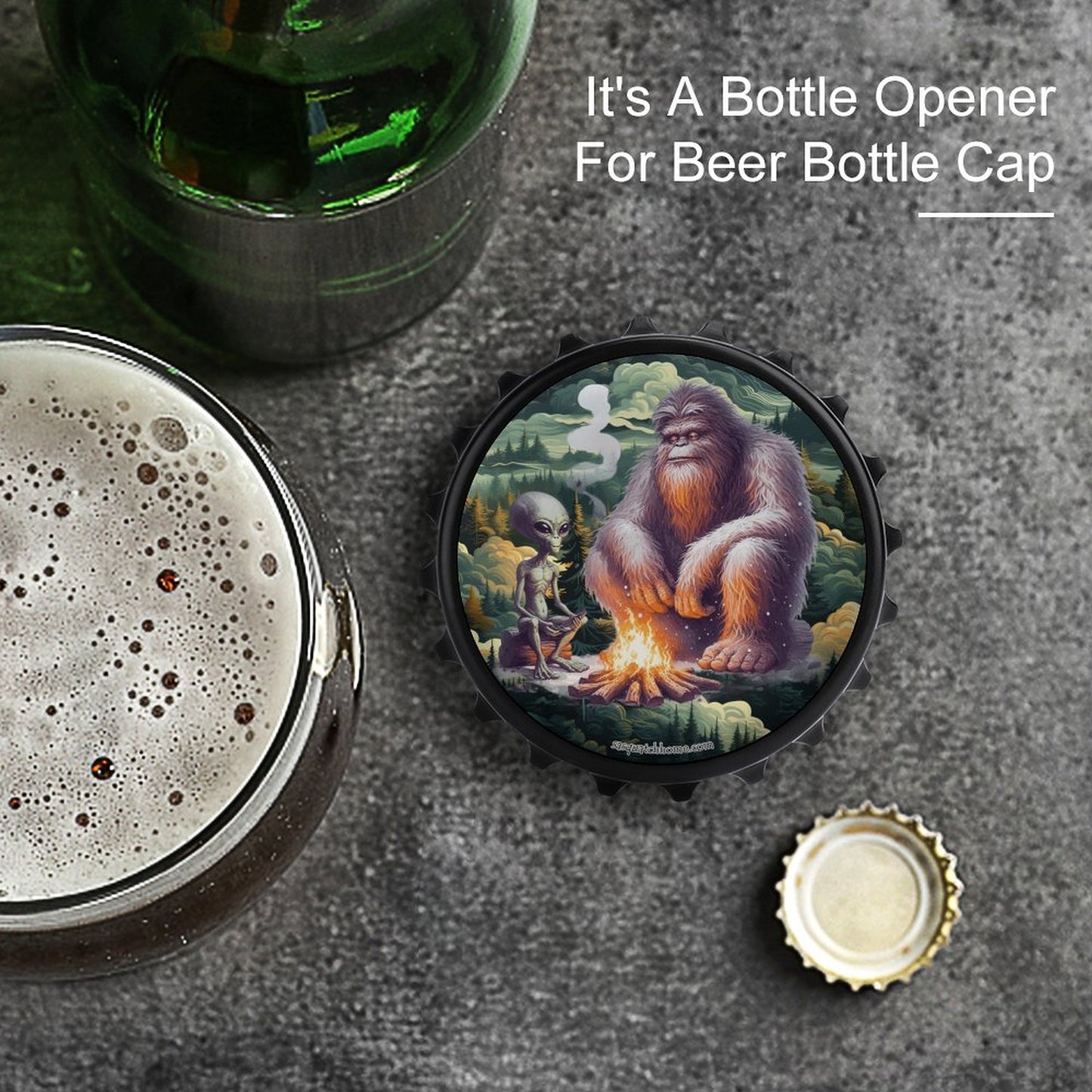 Bigfoot / Sasquatch with Alien, 3” Magnetic Can Opener / Coaster / Fridge Decor