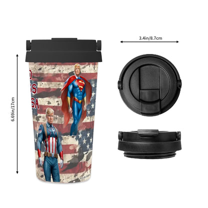 Donald Trump Superhero "God bless..",  17 oz Insulated Coffee Mug with Lid & Carrying Handle