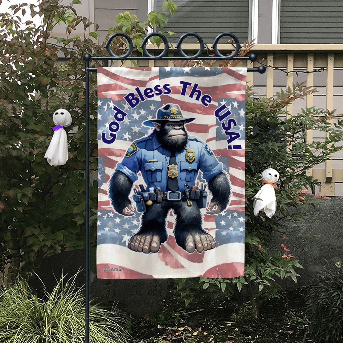 Police Officer Bigfoot Sasquatch Garden Flag 12"x18" (Made in USA) God Bless the USA