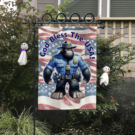 Police Officer Bigfoot Sasquatch Garden Flag 12"x18" (Made in USA) God Bless the USA