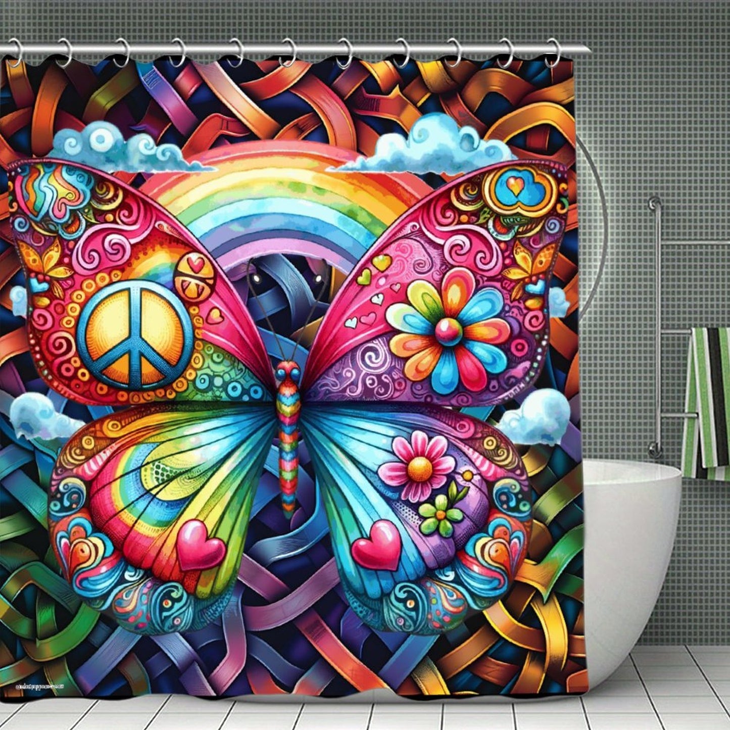 Colorful Hippie Butterfly, Waterproof Polyester Shower Curtain – Made in the USA – 70.8x70.8”