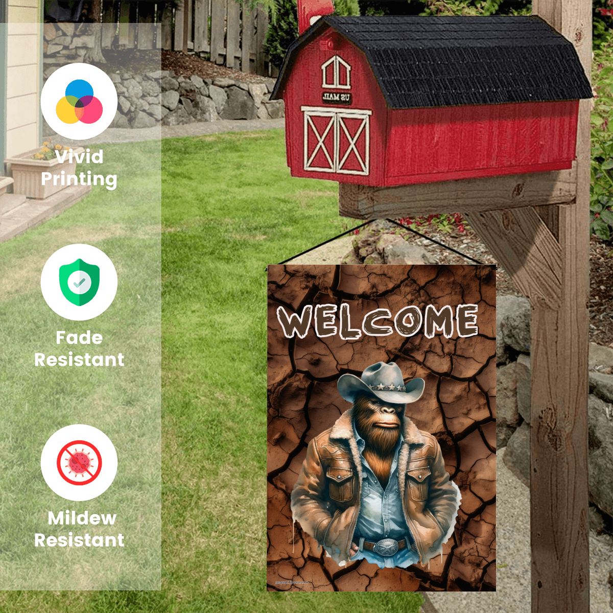 Cowboy Bigfoot Sasquatch, "Welcome, See You Soon", Garden Flag 12"x18" (Made in USA)