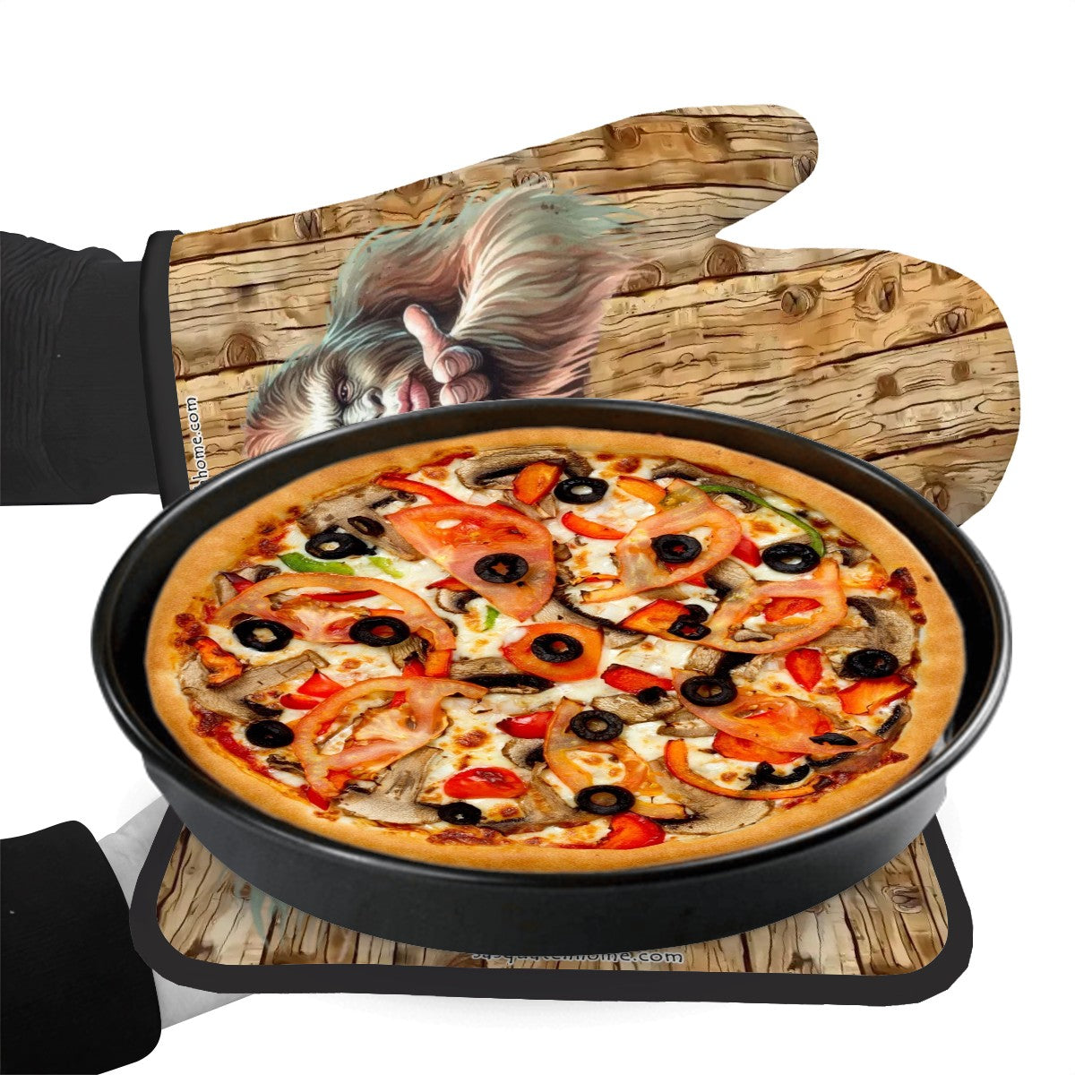 Set of 2 Oven Mitt and Pot Holder - Bigfoot Sasquatch Blow Kiss