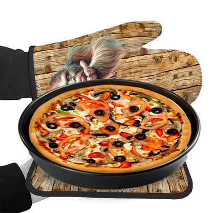 Set of 2 Oven Mitt and Pot Holder - Bigfoot Sasquatch Blow Kiss