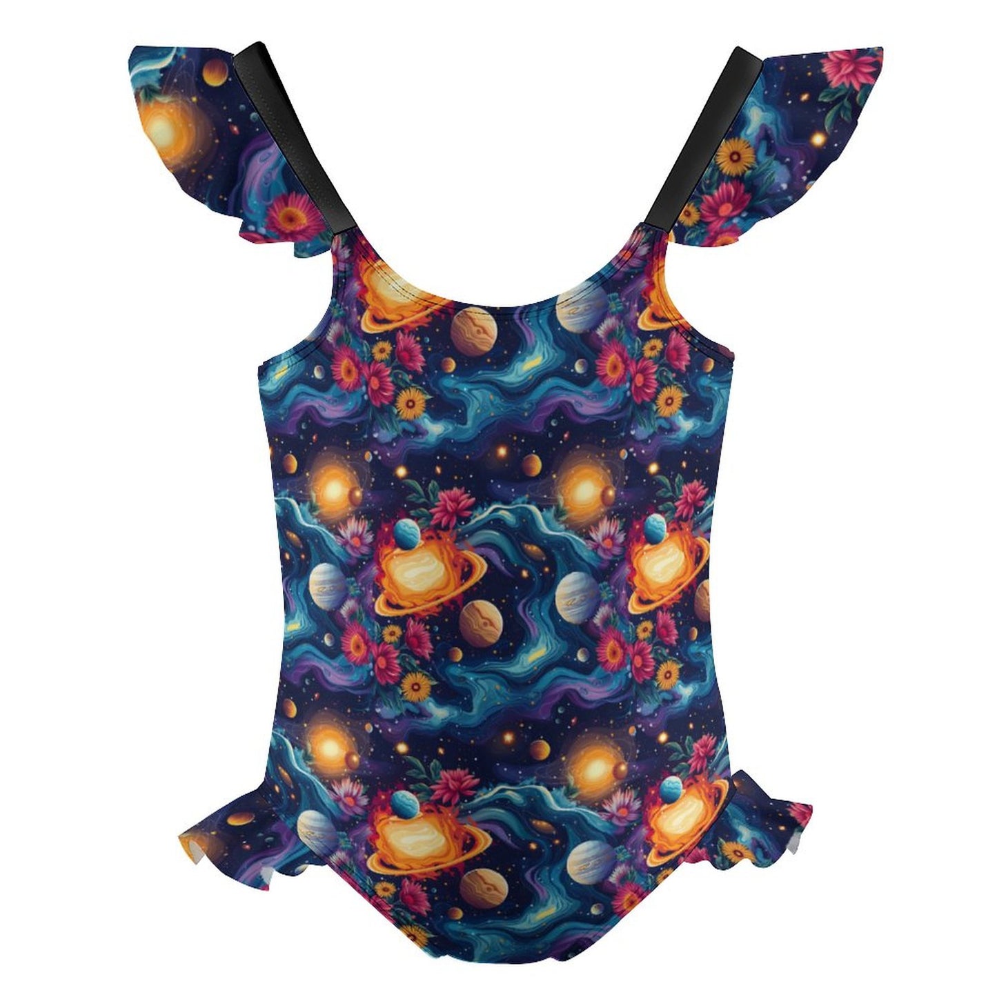 12 Outer Space Designs, Girls One-Piece Summer Swimsuit, Ruffle Shoulder