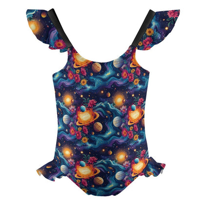 12 Outer Space Designs, Girls One-Piece Summer Swimsuit, Ruffle Shoulder