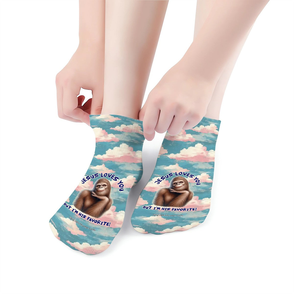 Bigfoot / Sasquatch "Jesus Loves you...", 8” Poly Ankle Socks