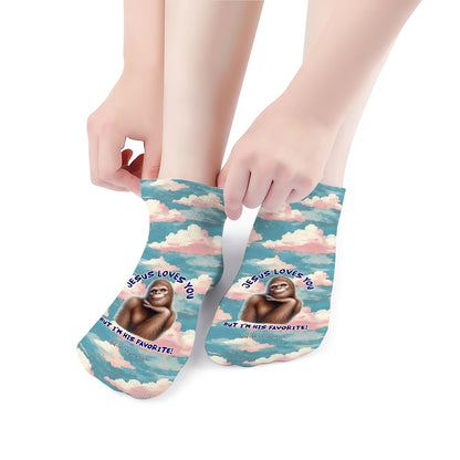 Bigfoot / Sasquatch "Jesus Loves you...", 8” Poly Ankle Socks