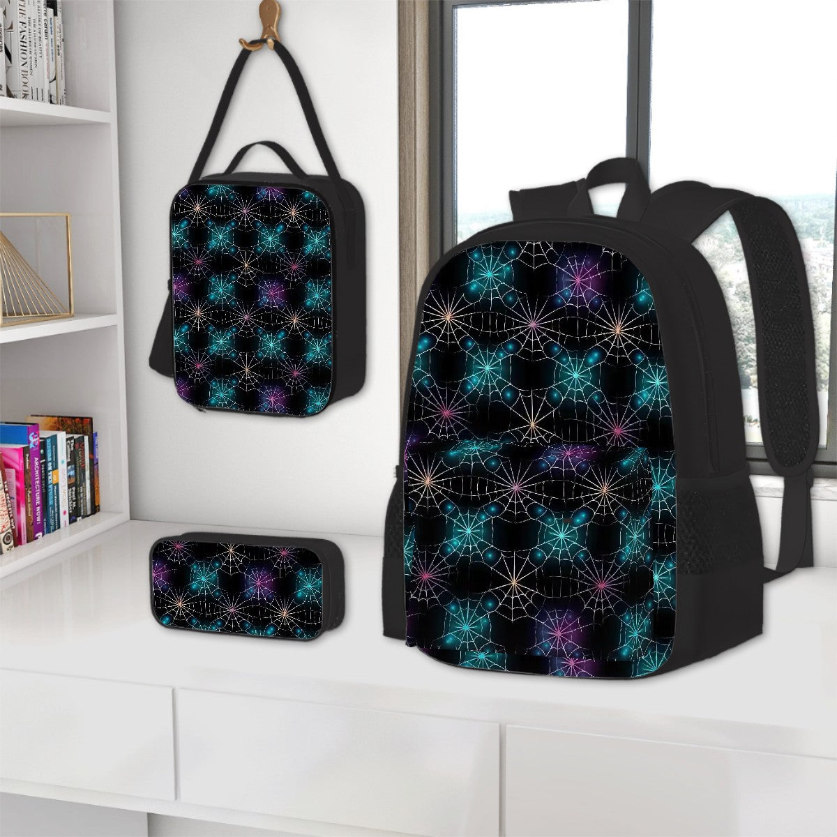 Colored Spiderwebs, 3 Piece Bag Set – Oxford Backpack, Lunch Bag, Pencil Pouch
