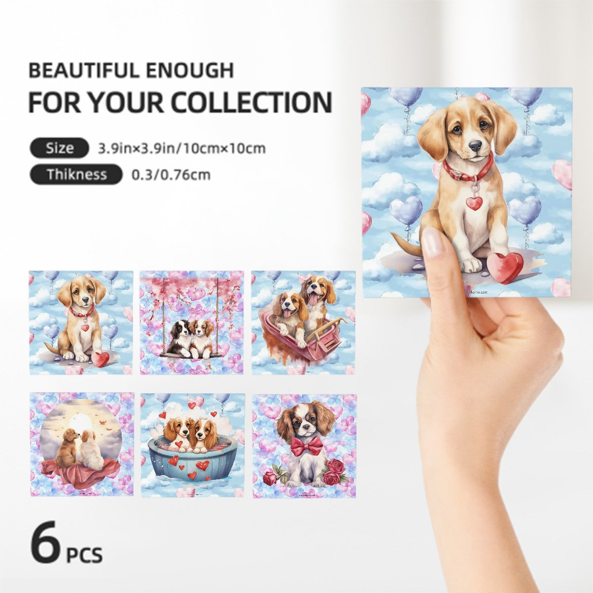 Puppy Love Theme, 6 Ceramic Coasters w metal stand