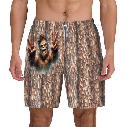 Double Peace Bigfoot, Sasquatch, Men Beach Shorts / Swim trunks with 4 Pockets