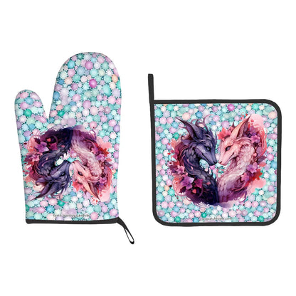 Set of 2 Oven Mitt and Pot Holder - Dragon Love