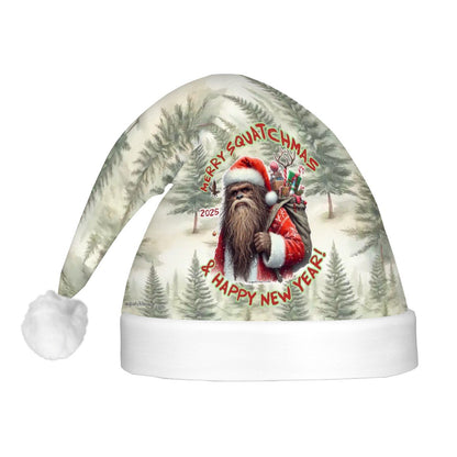 Sasquatch Bigfoot "Merry Squatchmas", Adult Plush Santa Hat with Light