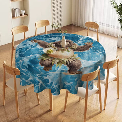 Sasquatch Hula On the Beach Round Tablecloth on Round Table