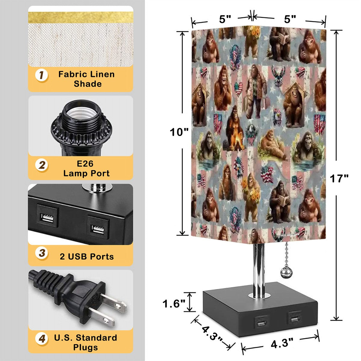 20 Bigfoot / Sasquatch Designs, Square Table Lamp with USB Ports, Charger