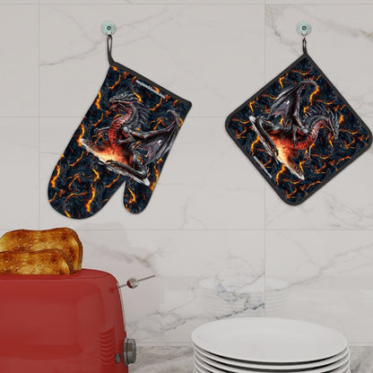Set of 2 Oven Mitt and Pot Holder - Dragon & Lava