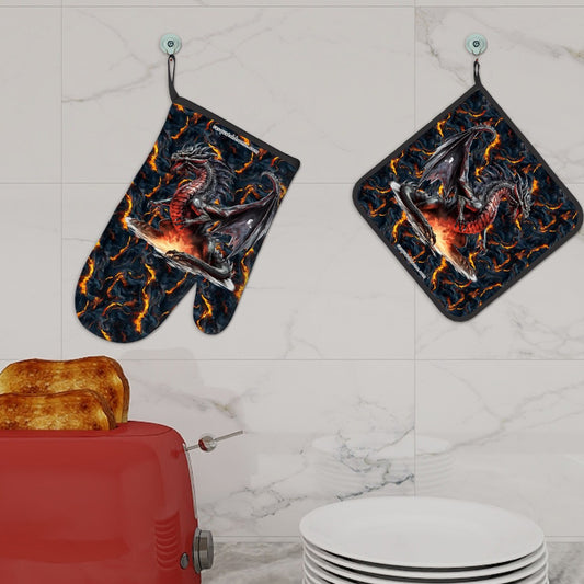 Set of 2 Oven Mitt and Pot Holder - Dragon & Lava