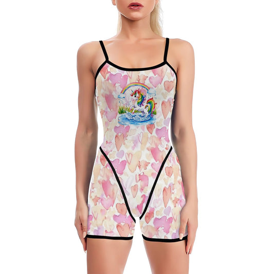 Unicorn on Hearts, Polyester Spandex Yoga Exercise Jumpsuit