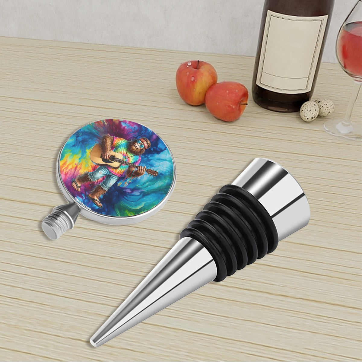 Hippie Sasquatch play Guitar, Wine Bottle Stopper