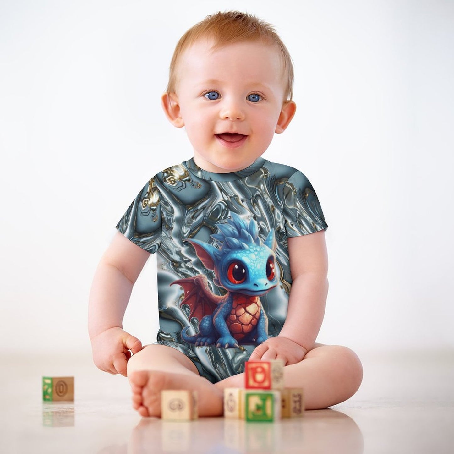 Baby Dragon on Silver Waves, Faux Cotton Short Sleeve Baby Bodysuit Romper