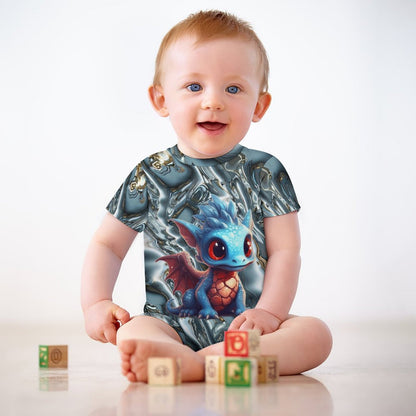 Baby Dragon on Silver Waves, Faux Cotton Short Sleeve Baby Bodysuit Romper