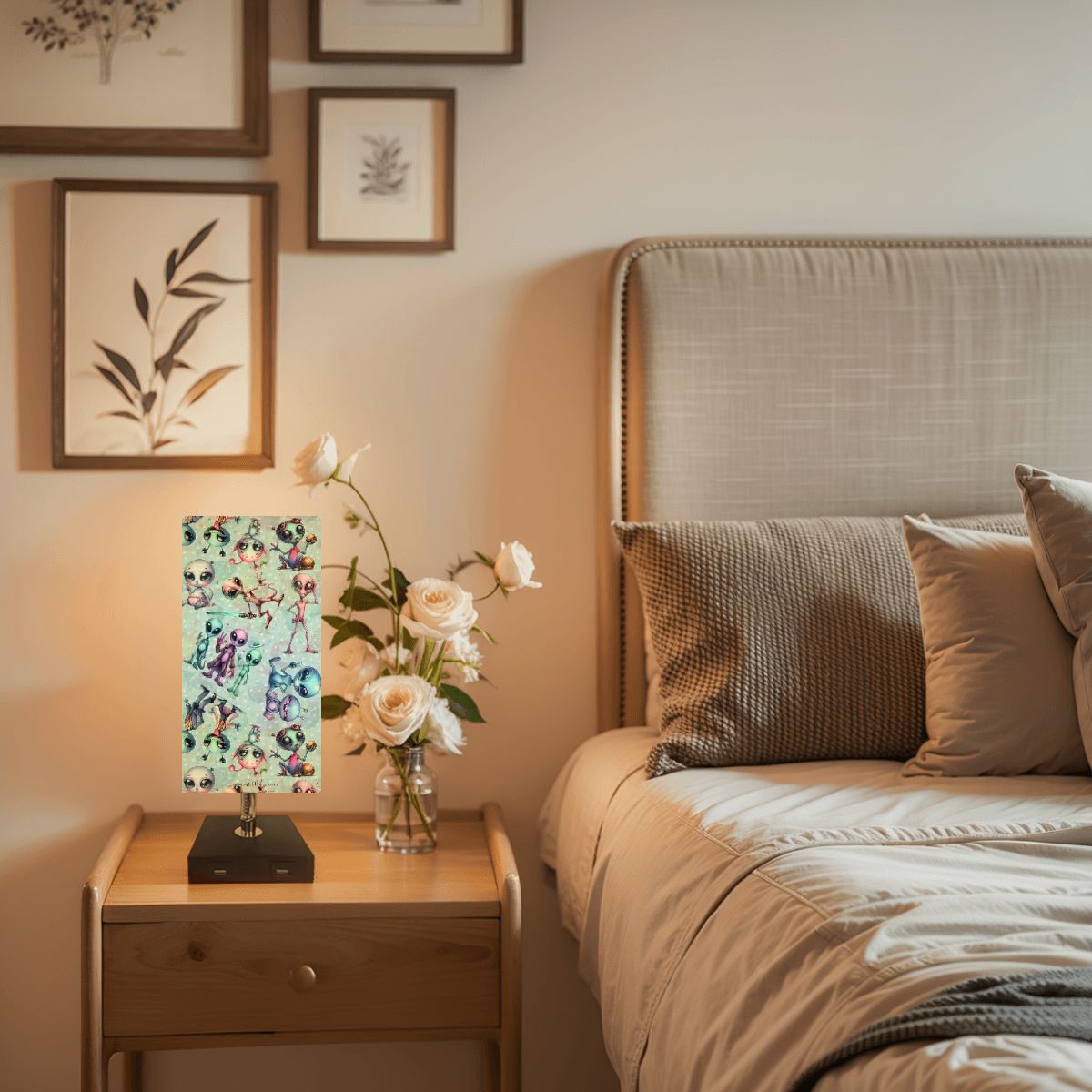 6 Alien Designs, Square Table Lamp with USB Ports, Charger