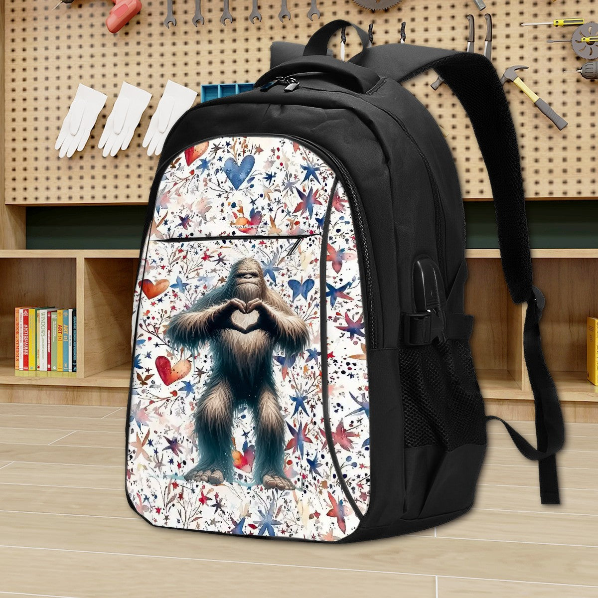 Bigfoot / Sasquatch Heart Hands, Large Capacity, Oxford Travel, Laptop Bag with USB Charger