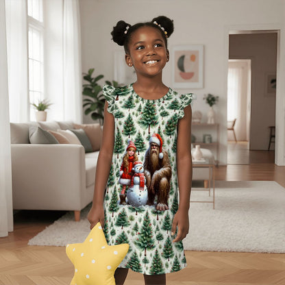 Sasquatch Santa and Girl, Girl's Flutter Sleeve Nightgown
