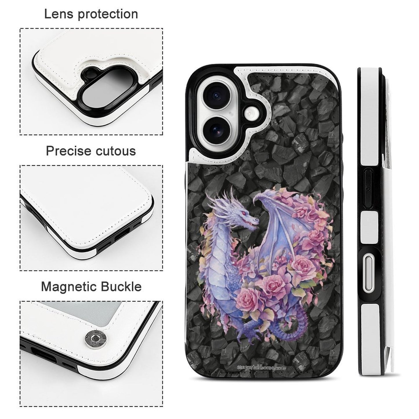 Floral Dragon, iPhone 16 Faux Leather Wallet Case