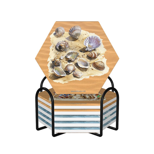 Beach Themed, 6 Ceramic Coasters w metal stand
