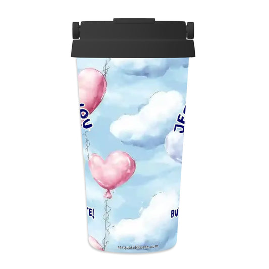 Bigfoot / Sasquatch "Jesus loves you..", 17 oz Insulated Coffee Mug with Lid & Carrying Handle