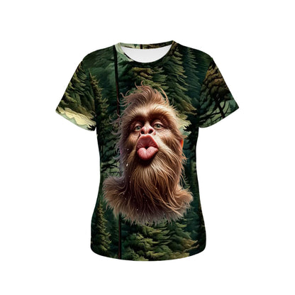 Bigfoot Blowing Kiss, Sasquatch, Women’s Polyester Short Sleeve T-Shirt