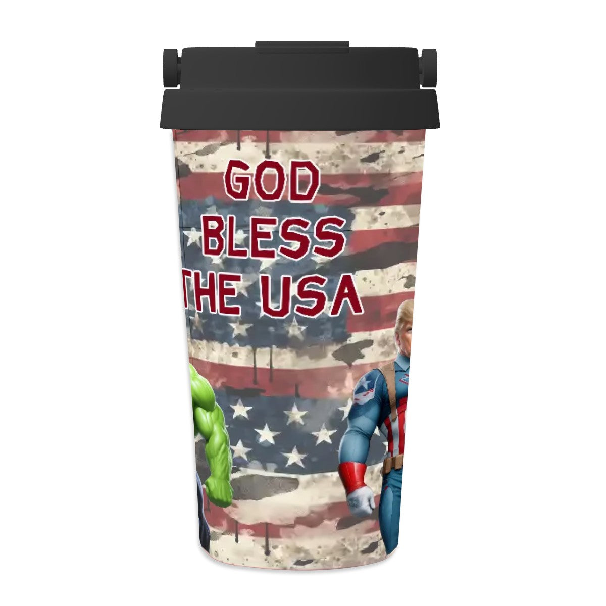 Donald Trump Superhero "God bless..",  17 oz Insulated Coffee Mug with Lid & Carrying Handle