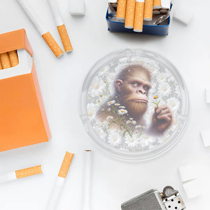 3 .3" Round, Lead Free Glass Ashtray - Sasquatch, Bigfoot, Daisies