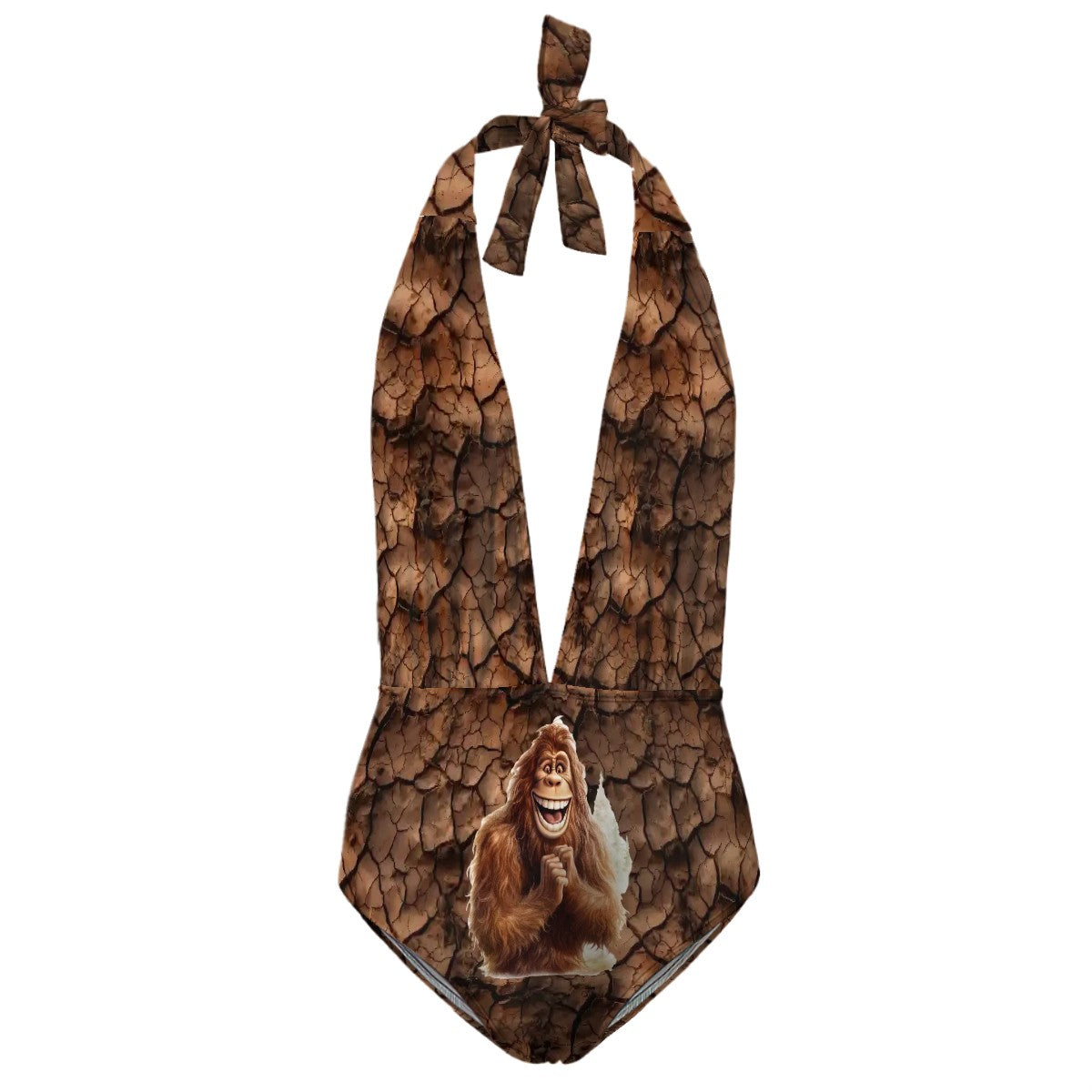 Happy Bigfoot, Sasquatch, Women’s Deep V One Piece Swimsuit