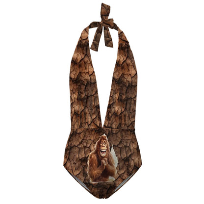 Happy Bigfoot, Sasquatch, Women’s Deep V One Piece Swimsuit