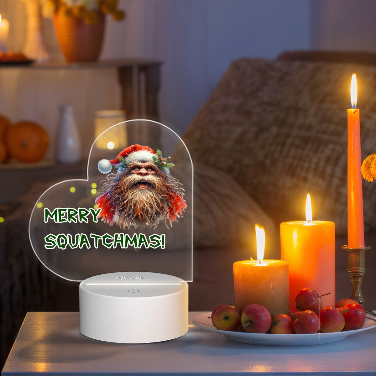 Squatchmas Bigfoot Sasquatch Heart Shaped Acrylic Night Light, gift, decor