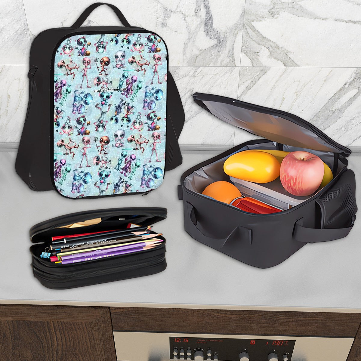 6 Alien Designs, 3 Piece Bag Set – Oxford Backpack, Lunch Bag, Pencil Pouch
