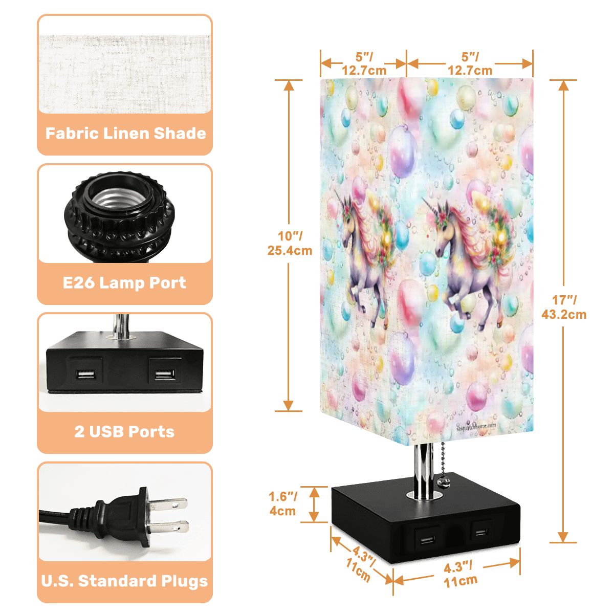 Unicorns & Bubbles, Square Table Lamp with USB Ports, Charger